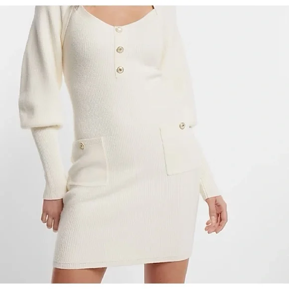 EXPRESS SWEATER DRESS BALLOON  SLEEVES BUTTON DETAIL WINTER WHITE NWT SZ MED - Picture 2 of 6
